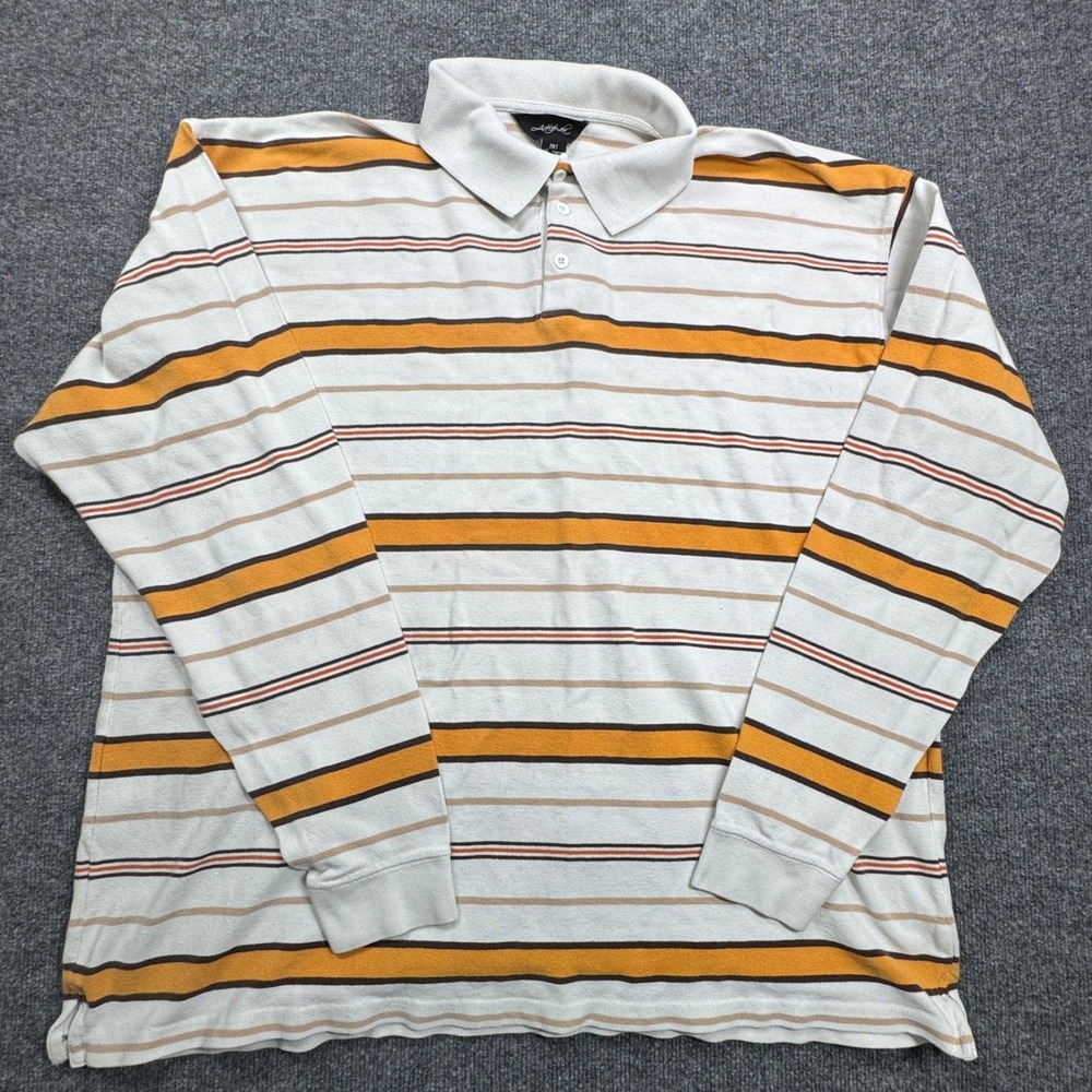 Attitude Mens 2XT Long Sleeve Striped Polo‎ Shirt White Orange Brown 100% Cotton
